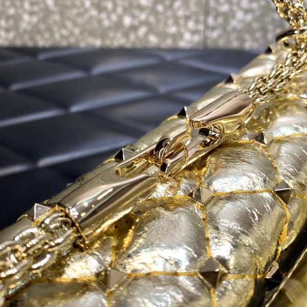 VALENTINO ROCKSTUD SPIKE SHOULDER BAG IN CRACKLE-EFFECT METALLIC