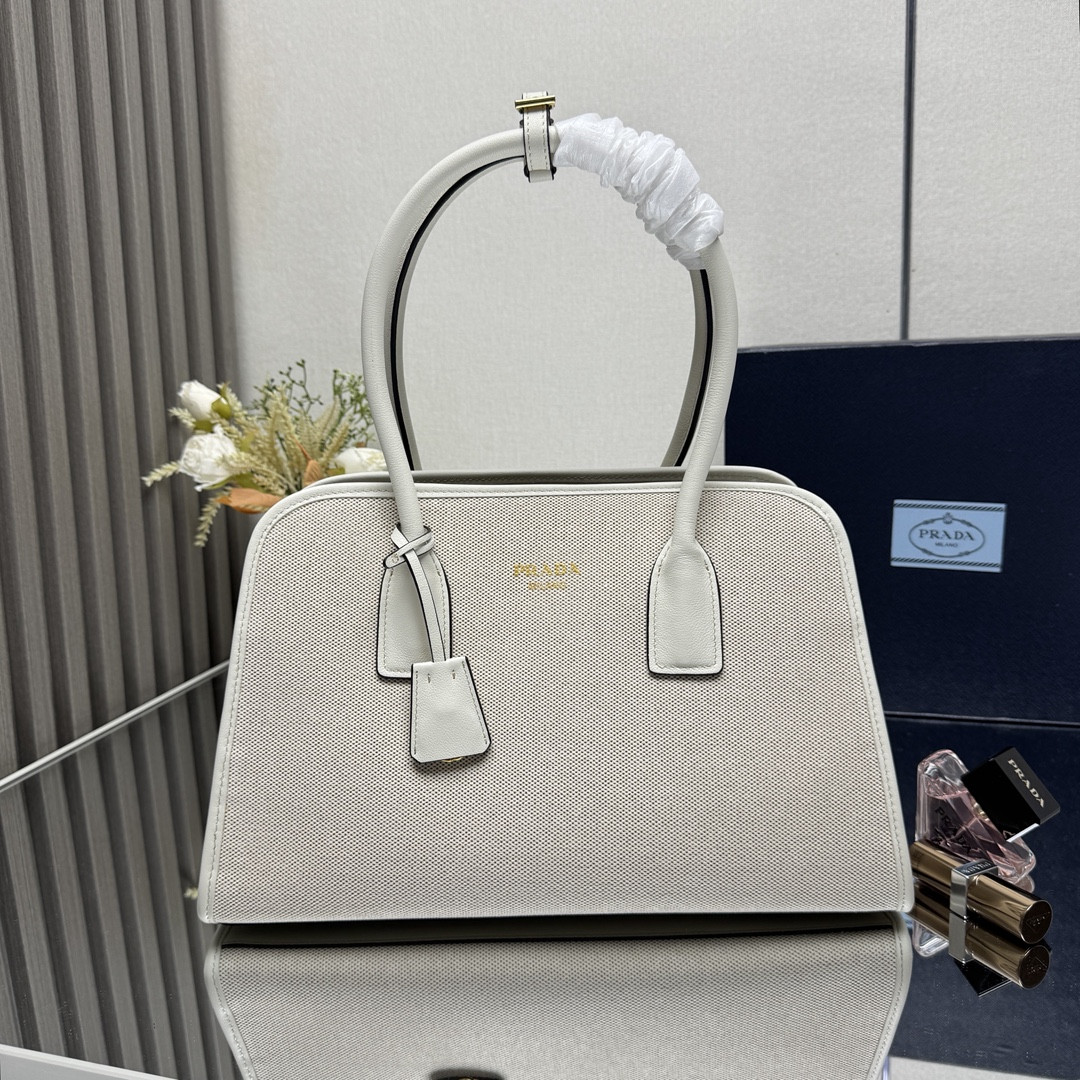 Pra*a medium linen blend and leather tote bag - 35*22.5*18cm