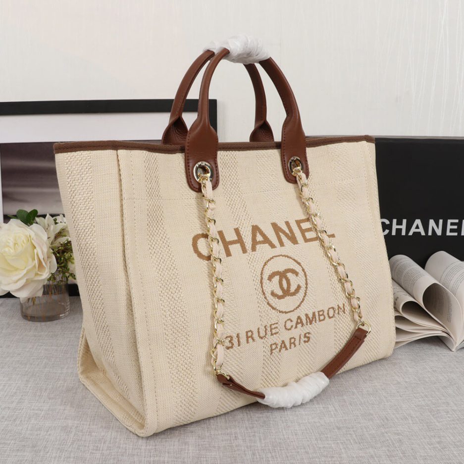 Ch*el woven straw raffia striped medium deauville tote