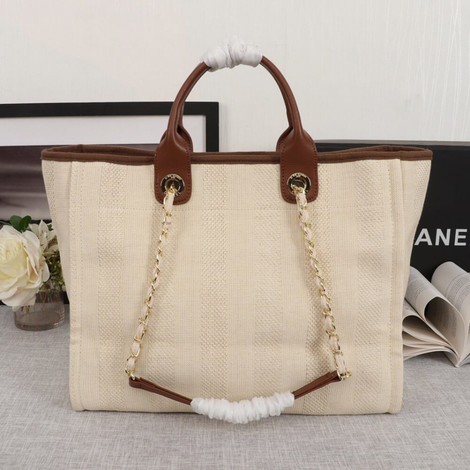 Ch*el woven straw raffia striped medium deauville tote