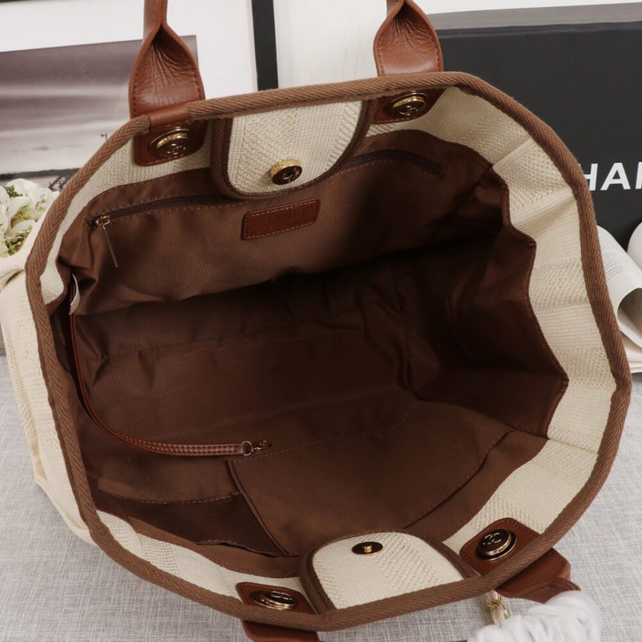 Ch*el woven straw raffia striped medium deauville tote