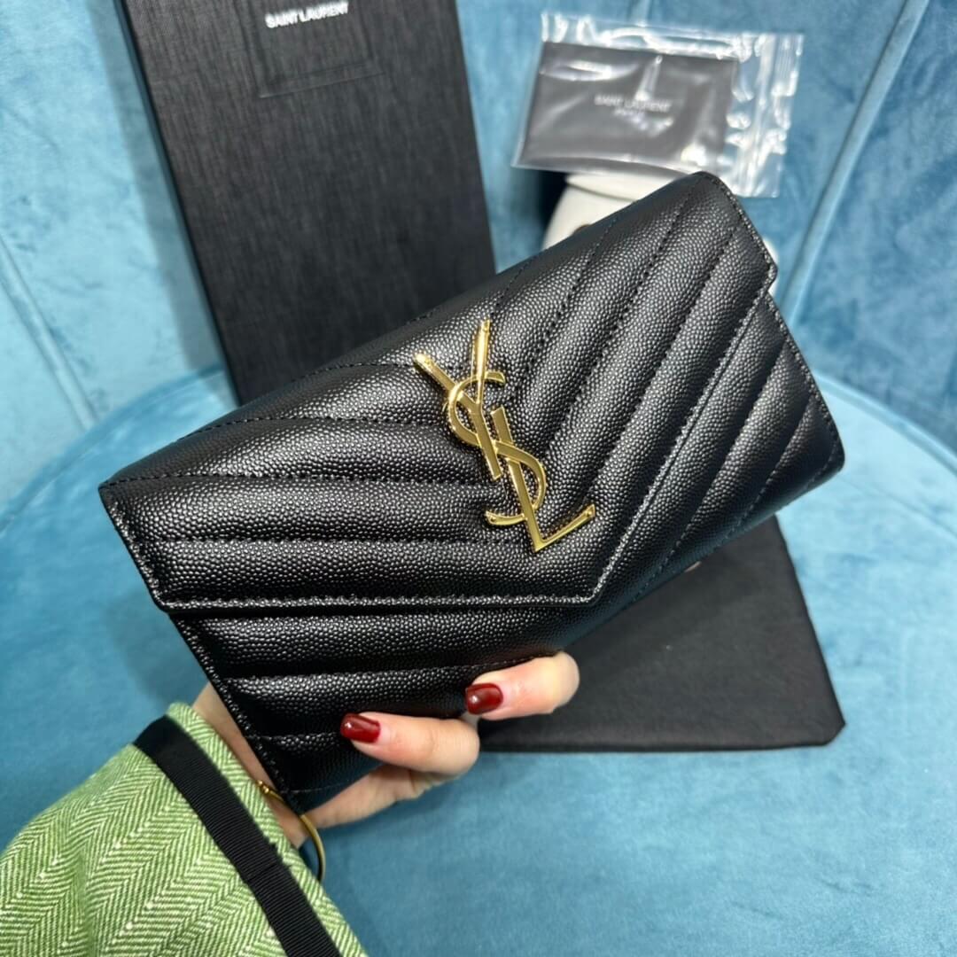 YSL CASSANDRE MATELASSÉ LARGE FLAP WALLET IN GRAIN DE POUDRE LEATHER